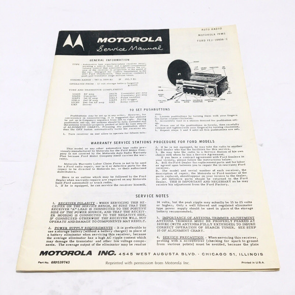 Motorola 1950's 79MS Ford FEJ-18806-C Auto Radio Service Manual U.S.A. - Picture 1 of 3